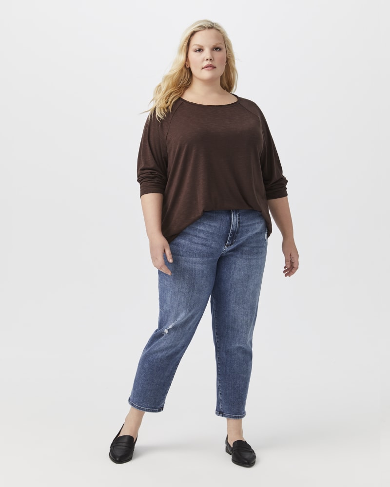 Plus size model with apple body shape wearing Marianne Three-Quarter Sleeve Tee by Meri Skye | Dia&Co | dia_product_style_image_id:151548